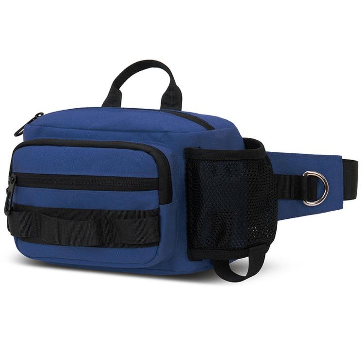 Blue and black multi-pocket waterproof hiking waist pack with adjustable belt strap