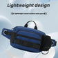 Blue waterproof waist pack with front zip pockets, mesh panel, and adjustable belt strap