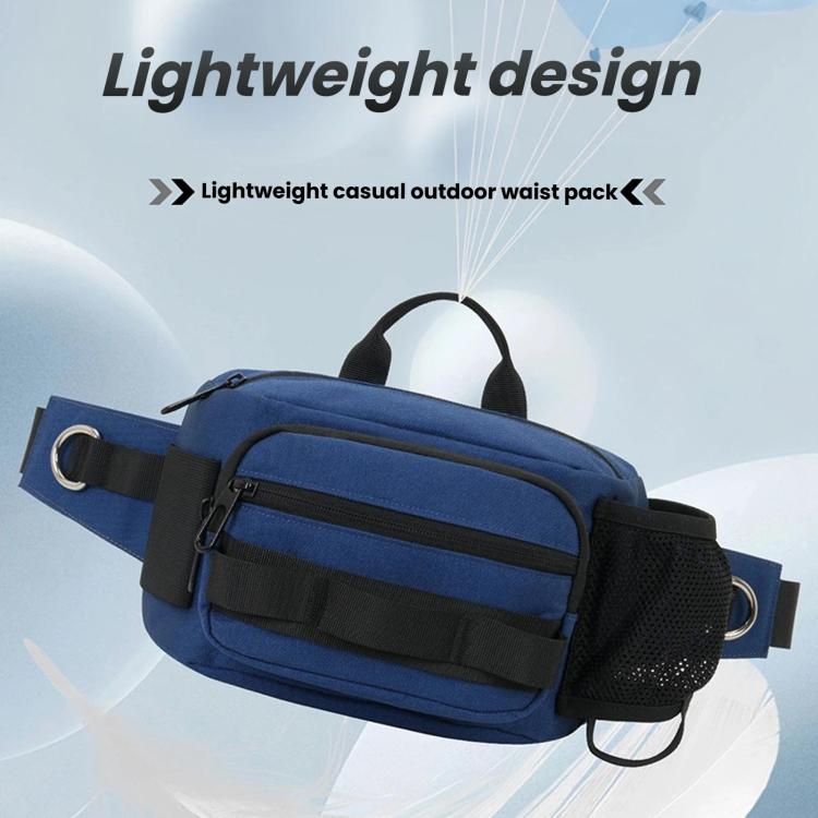 Blue waterproof waist pack with front zip pockets, mesh panel, and adjustable belt strap