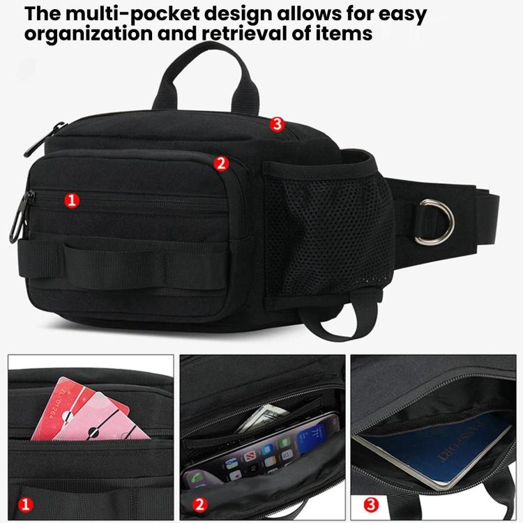 Black multi-pocket waterproof hiking waist pack with mesh panel and adjustable belt strap