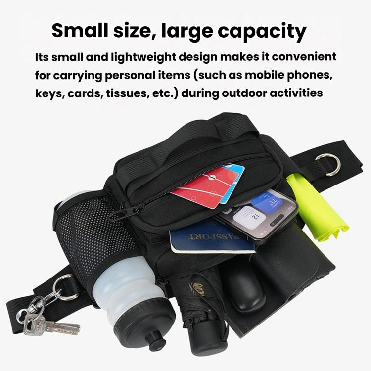 Black waist pack with front zipper pockets and multiple compartments for small essentials