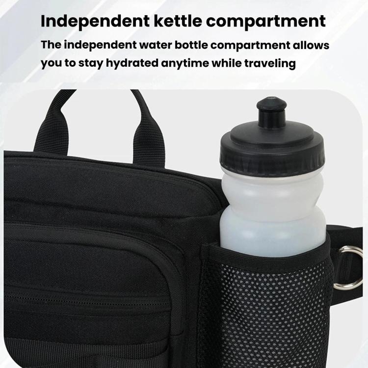 Black waist pack with side mesh panel and dedicated bottle compartment on the front