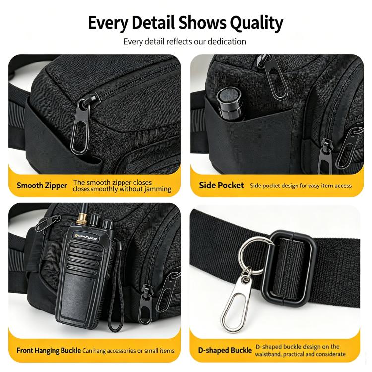 Black waist pack with smooth zippers, side pocket, and metal D-ring belt attachment