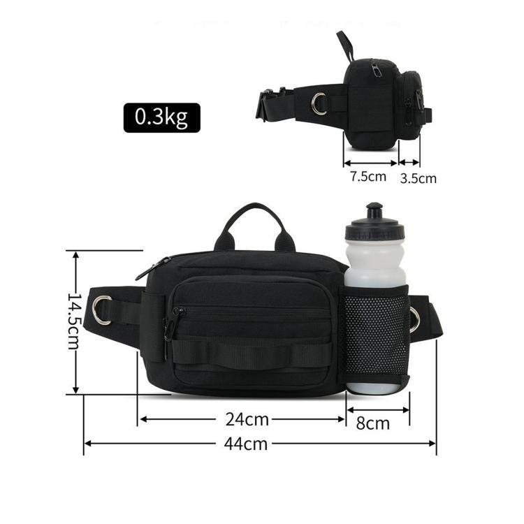 Black waterproof waist pack bag with adjustable belt, mesh front panel, and bottle pocket