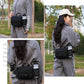 Black waterproof hiking waist pack with front zip pockets, multiple compartments, adjustable belt