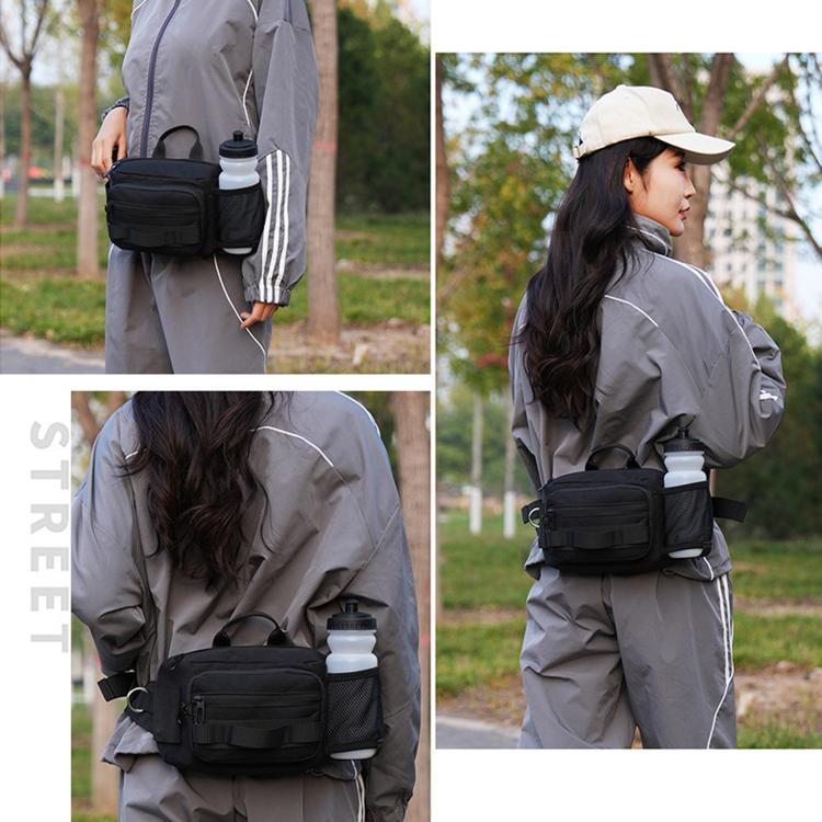 Black waterproof hiking waist pack with front zip pockets, multiple compartments, adjustable belt