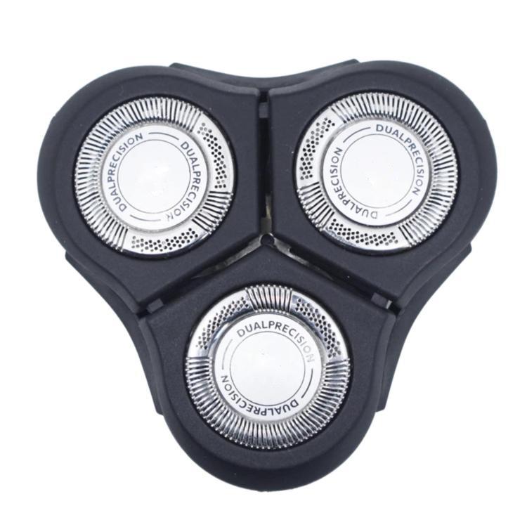 Triple shaver head blade and net replacement set, black housing with three circular foils.