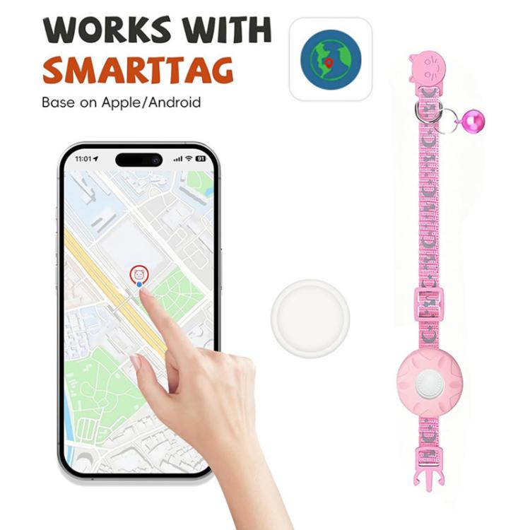 Pink smart cat tracker collar with circular finder tag and bell charm