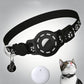 Black cat collar with built-in tracker pod, reflective paw prints, and dangling tag