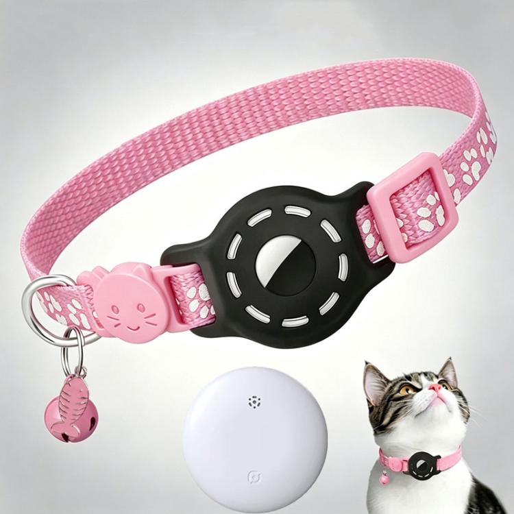 Pink cat collar with built-in tracker pod, reflective paw prints, and hanging tag