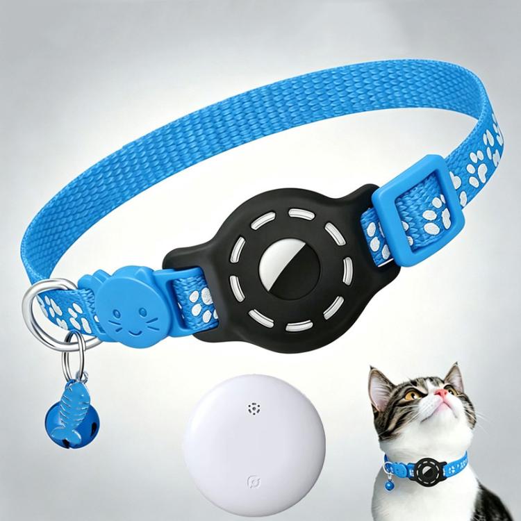 Sky blue cat collar with built-in tracker pod, reflective paw prints, and hanging tag