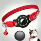 Smart cat collar with tracker, red band and black shell, reflective paw prints, dark tag