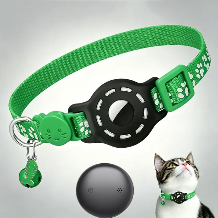Smart cat collar with tracker, green band and black shell, reflective paw prints, dark tag