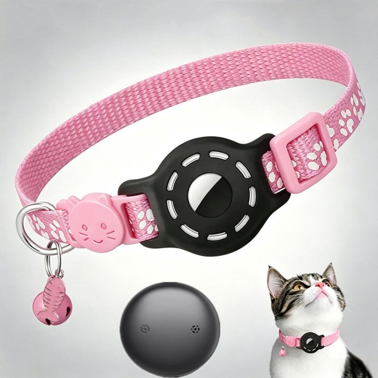 Cat tracker collar with pink reflective paw pattern strap and black tracker puck