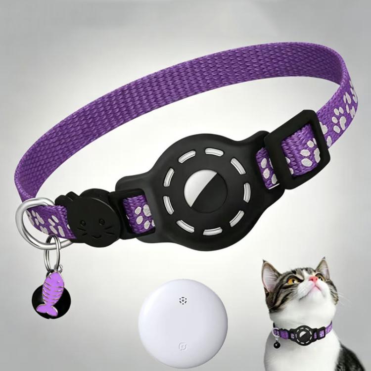 Cat tracker collar with purple reflective paw pattern strap and white tracker puck