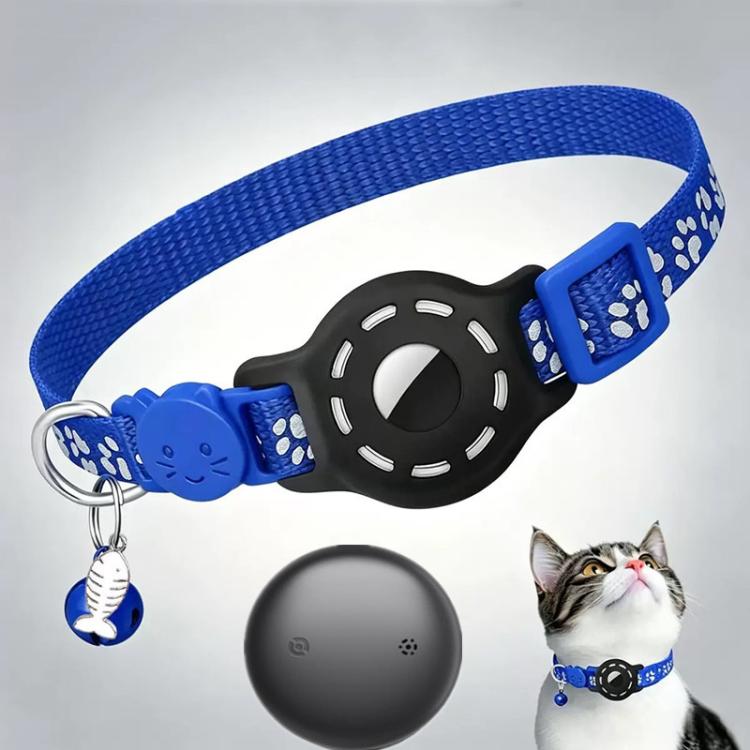 Smart cat collar with built-in tracker, reflective paw prints, blue and black strap