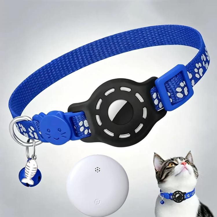 Smart cat collar with built-in tracker, reflective paw prints, blue and black strap