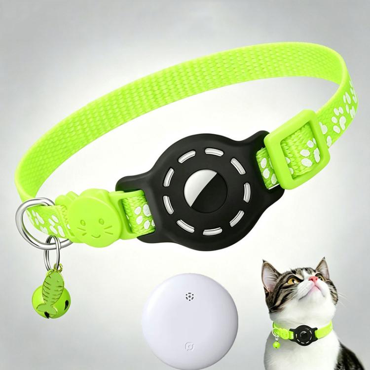 Smart cat collar with built-in tracker, reflective paw prints, neon green and black strap