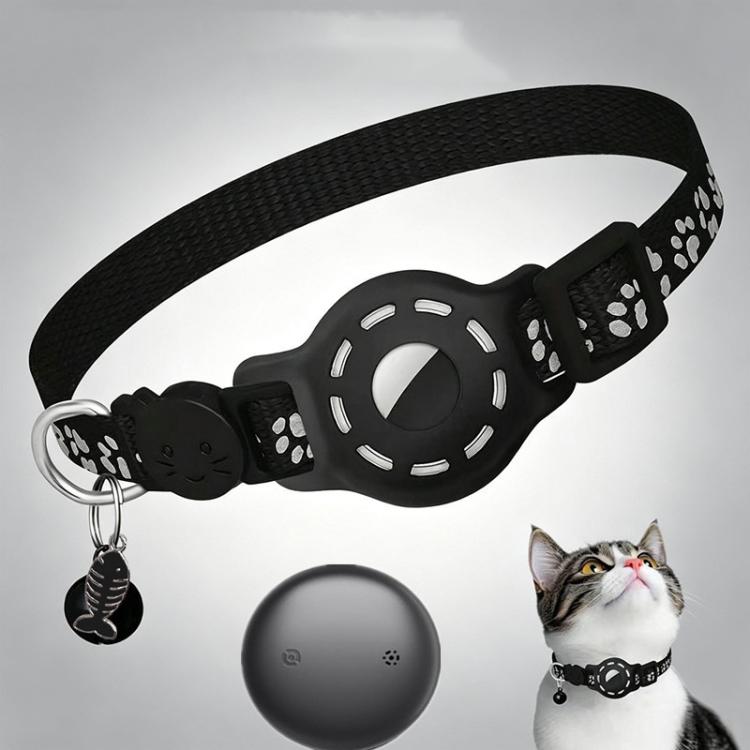 Smart cat collar with built-in tracker, reflective paw prints, black strap and black device