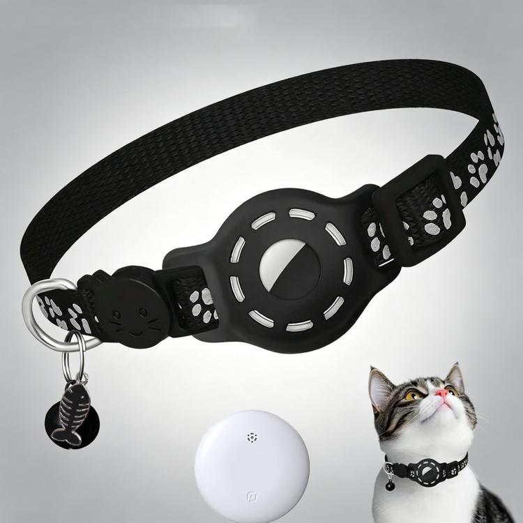 Smart cat collar with built-in tracker, reflective paw prints, black strap and white device