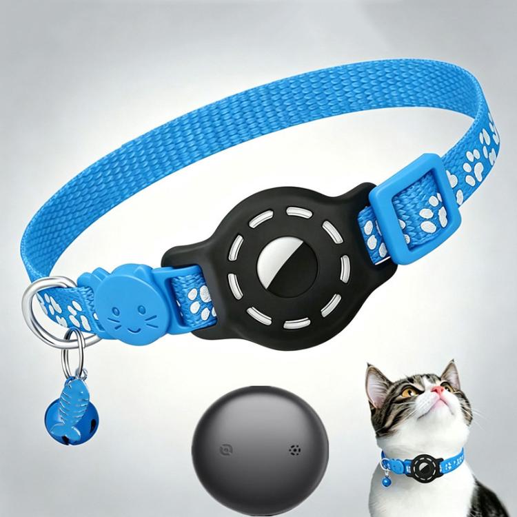 Blue reflective cat collar with paw prints, black tracker tag and key ring charm