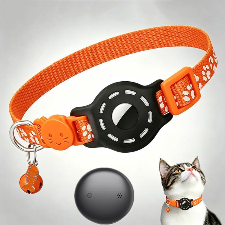 Orange reflective cat collar with paw prints, black tracker tag and orange key ring charm