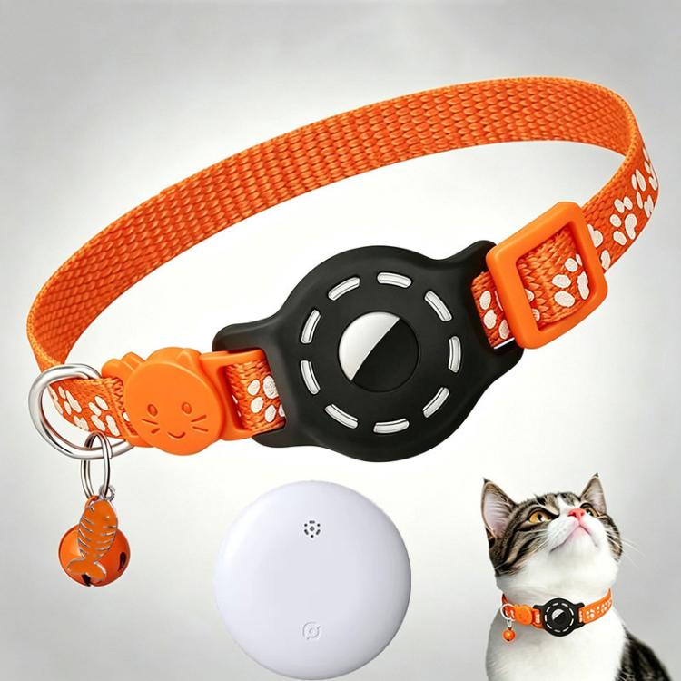 Orange reflective cat collar with paw prints, white tracker tag and orange key ring charm