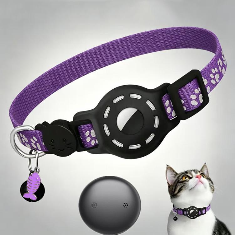 Purple reflective cat collar with paw prints, black tracker tag and purple key ring charm