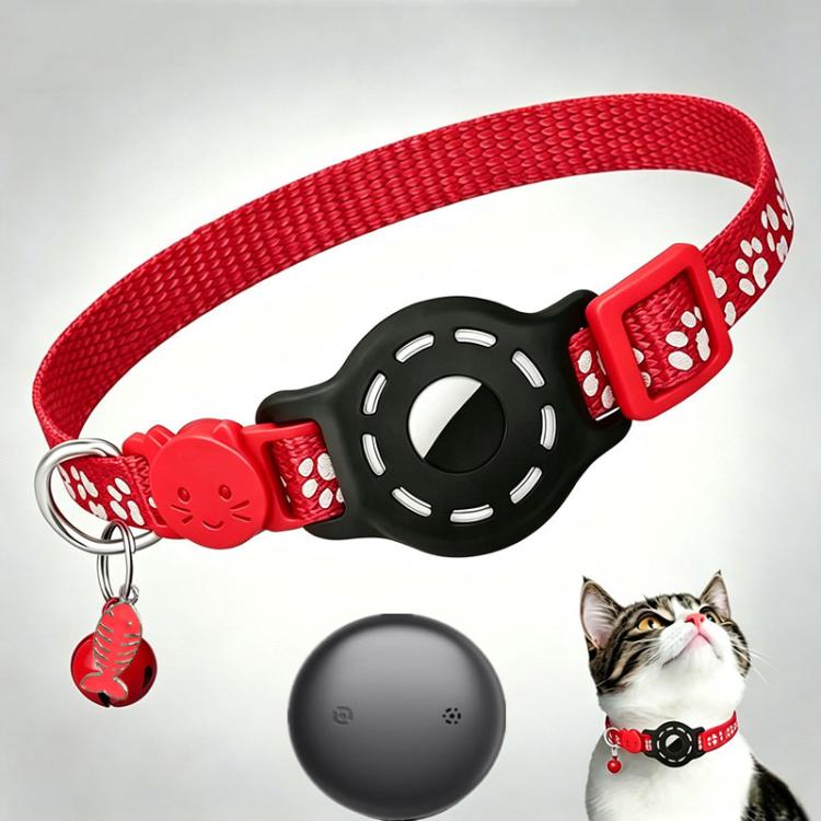 Red reflective cat collar with paw prints, black tracker tag and red key ring charm