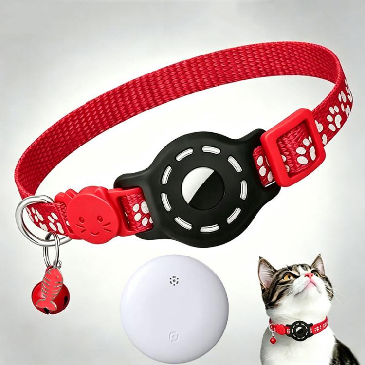 Red reflective cat collar with paw prints, white tracker tag and red key ring charm