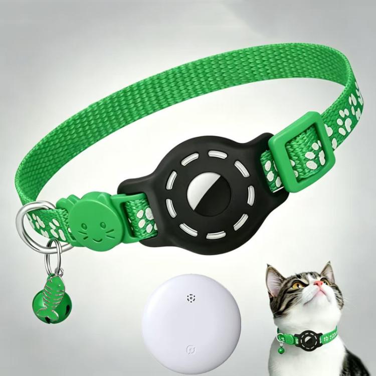 Green reflective paw cat collar with white tracker device and dangling bell pendant