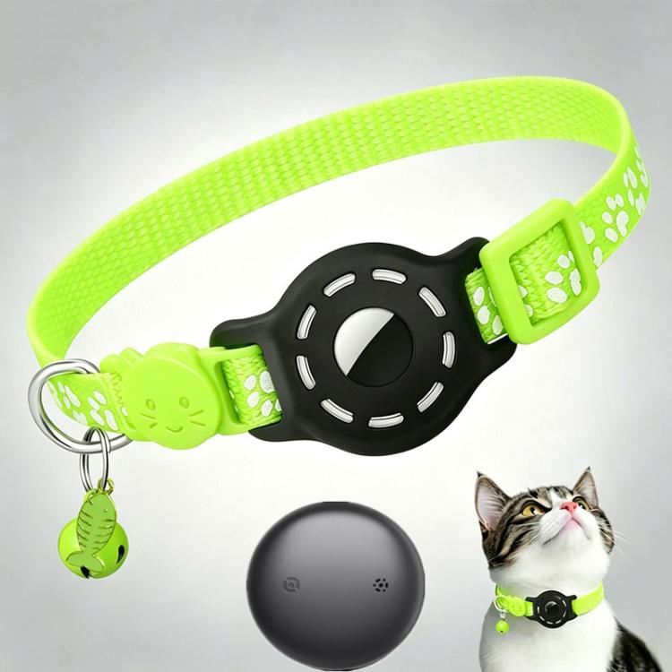 Lime reflective paw cat collar with black tracker device and bell pendant