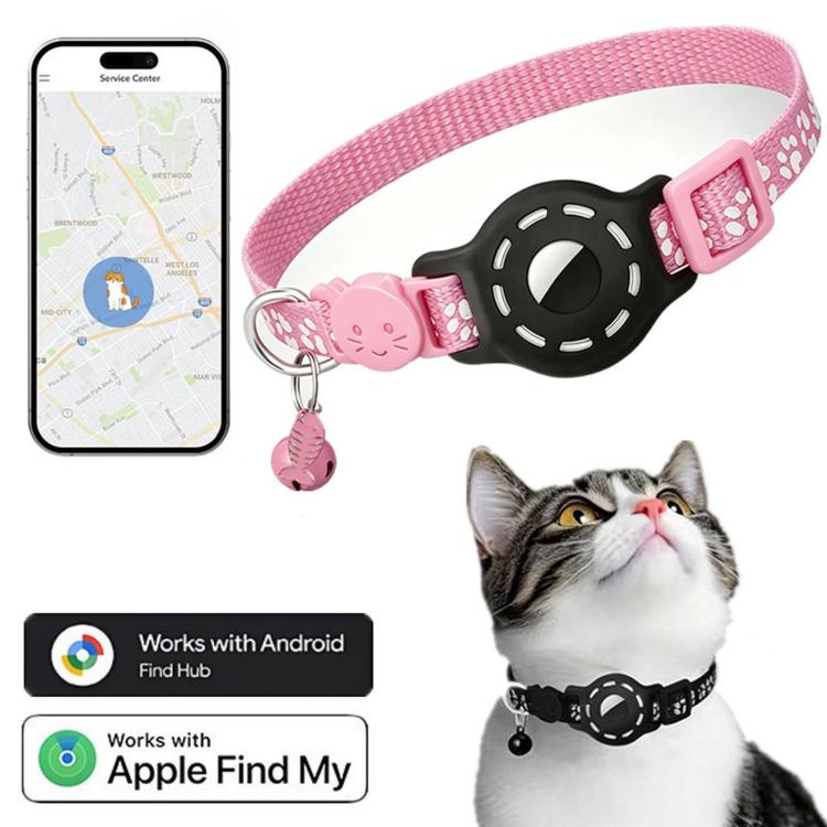 Pink reflective paw cat collar with black tracker device and bell pendant