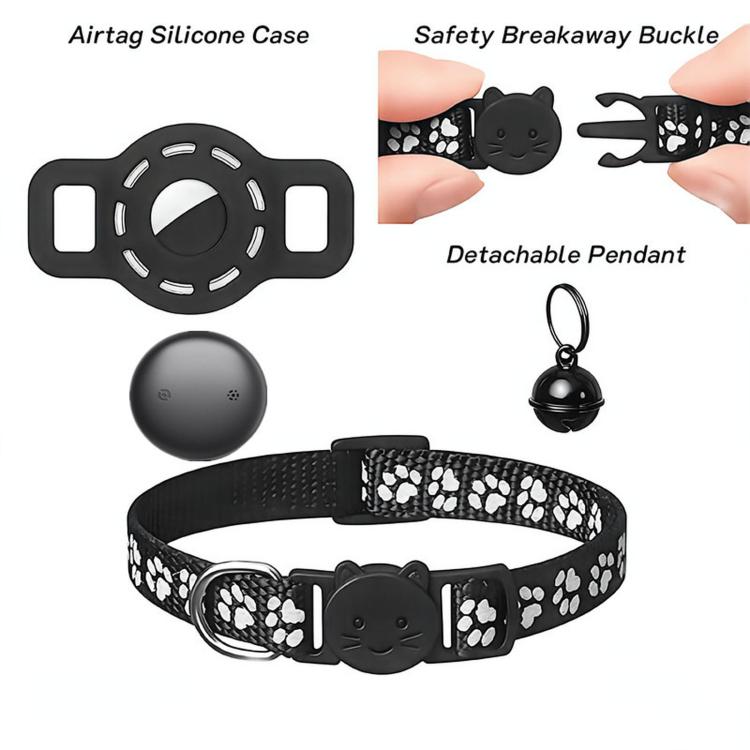 Black reflective paw cat collar with tracker device and detachable bell pendant
