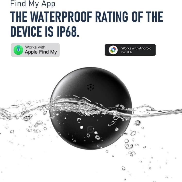 Black tracker device for smart cat collar shown with water splashes
