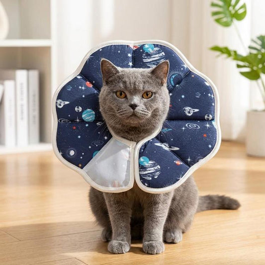 Soft recovery anti-lick cone collar for cats, navy blue space print with white trim