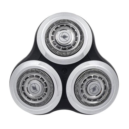 Triple shaver head replacement unit with three rotary foils, silver and black