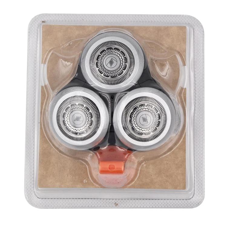 Three shaver head replacements in blister packaging, silver foil cartridges with orange tab