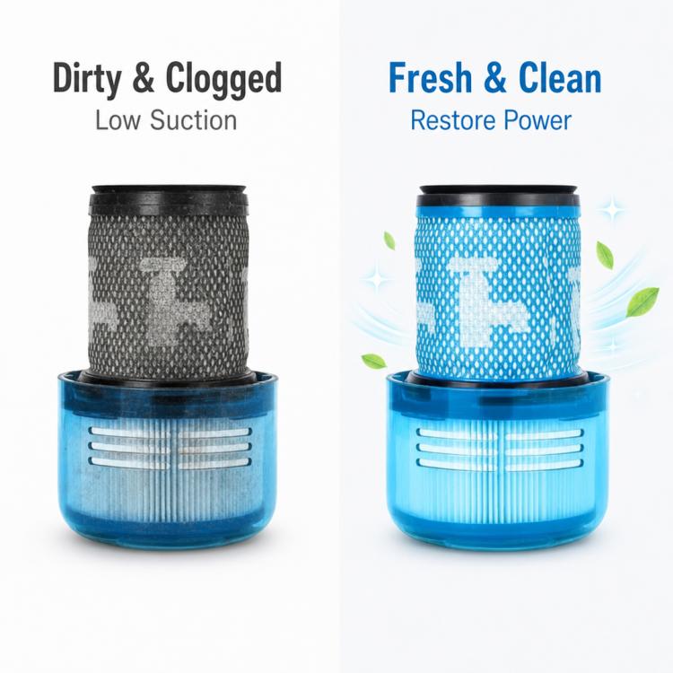 Blue HEPA post-filters shown with lighter and darker mesh cartridge