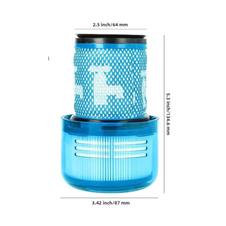 Blue HEPA post-filter with size labels 2.5 in/64 mm and 3.42 in/87 mm