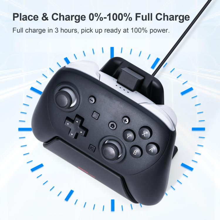Controller resting on charging dock stand with cable and blue charging ring