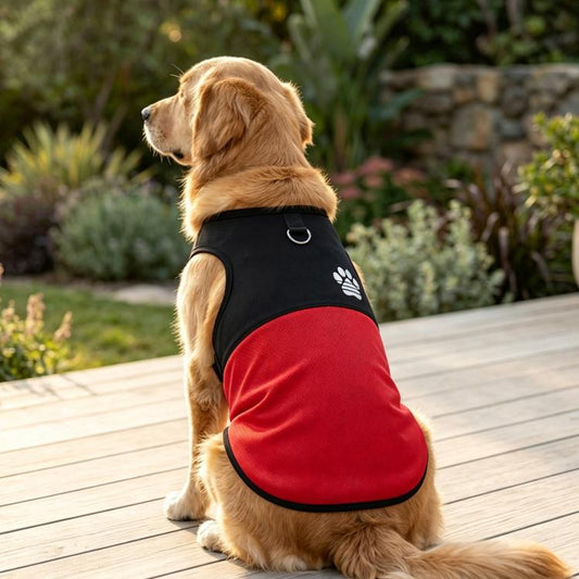 Color-block dog vest with paw print, black and red, breathable mesh with leash ring