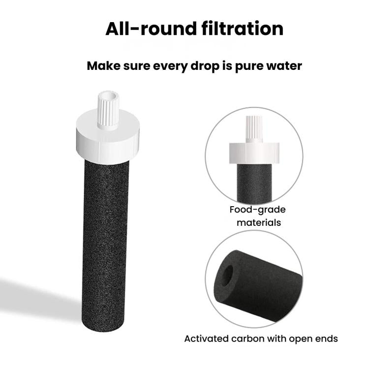 Black activated carbon filter cartridge with white top cap and open-end design
