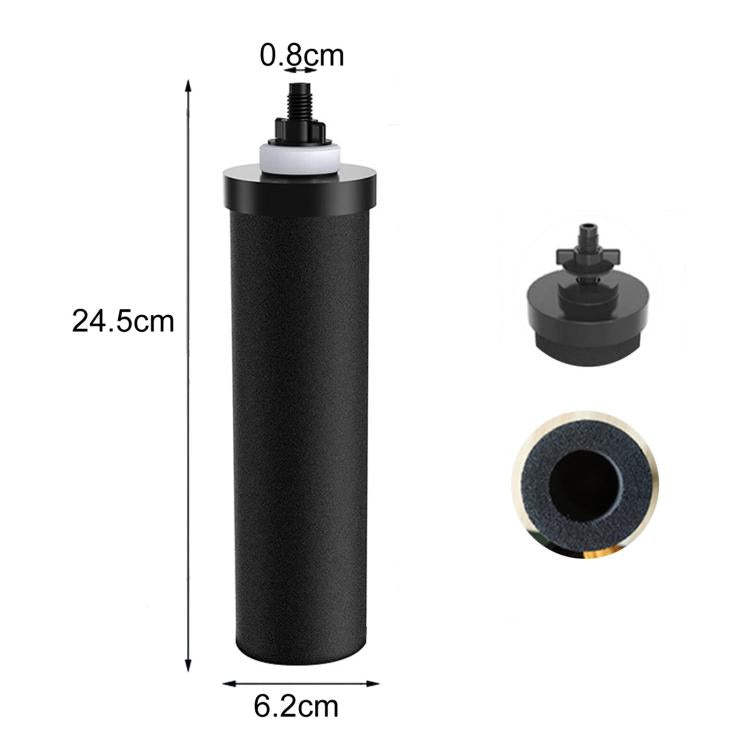 Black cylindrical activated carbon filter cartridge with threaded post and base