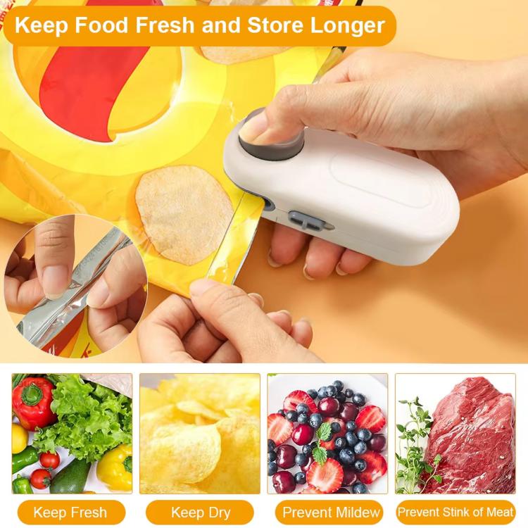 Compact heat bag sealer pressed by hands onto a partially filled snack bag