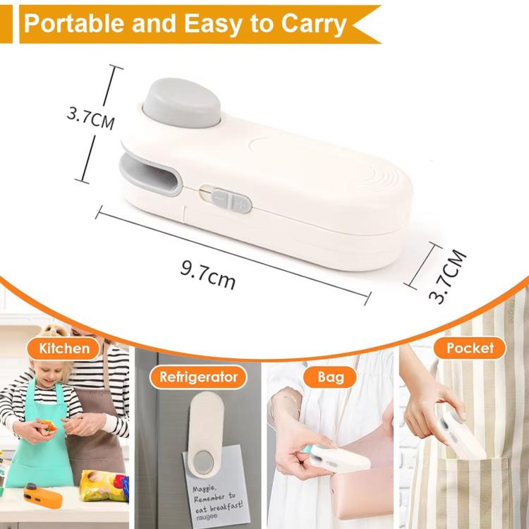 Portable mini heat sealer with top button, white body and gray sealing handle