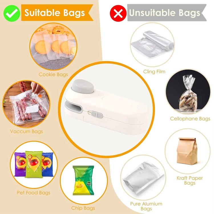 Mini snack bag sealer centered on a diagram showing suitable and unsuitable bag types