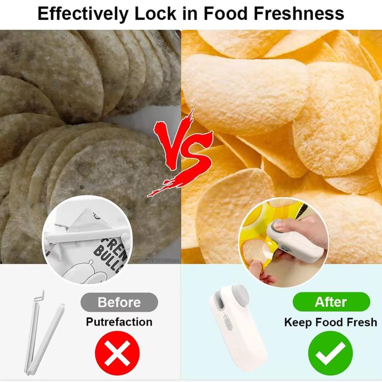 Handheld snack bag sealer shown beside sealed food for freshness protection