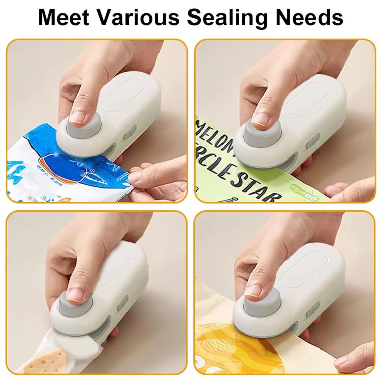 Mini portable heat sealer demonstrating sealing pressure on different snack bags
