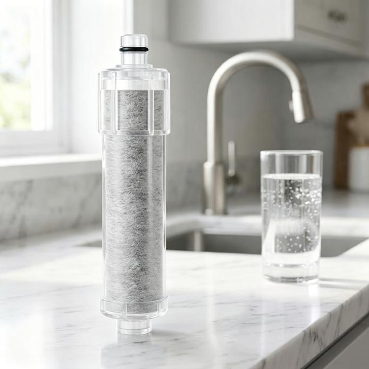 Clear activated carbon filter cartridge with gray carbon media and top seal
